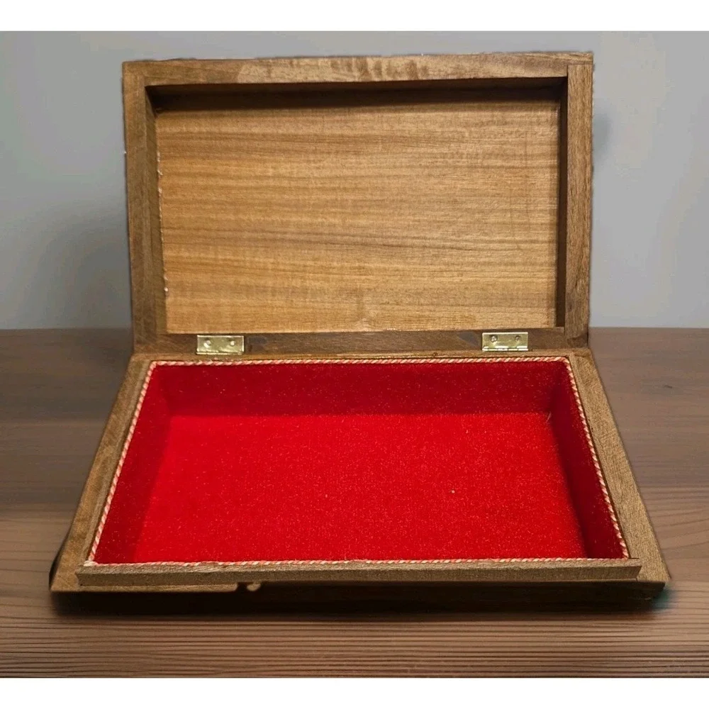 Vintage Wooden Inlay Marquetry Hinged Trinket Jewelry Box Geometric  9